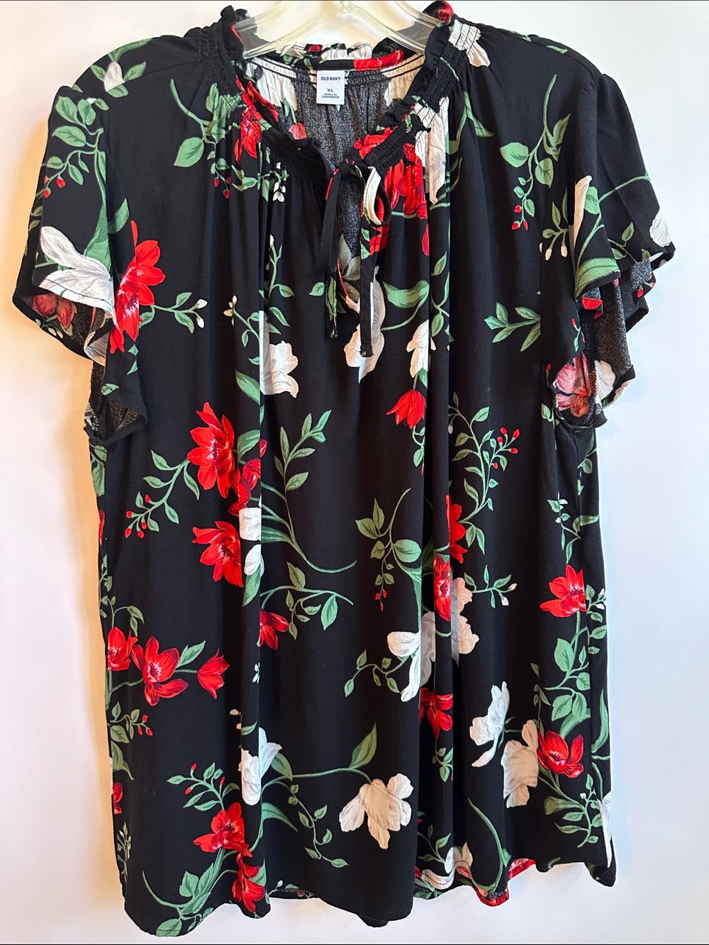 Old Navy Floral Tie-Neck Blouse — Black with Red & White Flowers Size XL